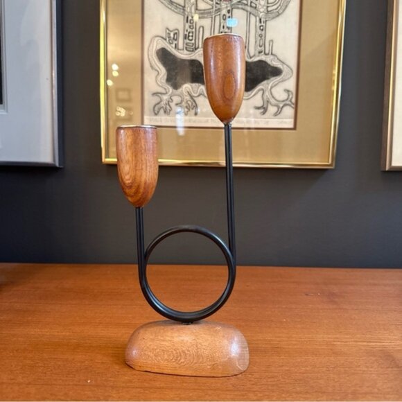 Giftcraft Vintage Teak and Iron Candle Holders 9H - Picture 2 of 10